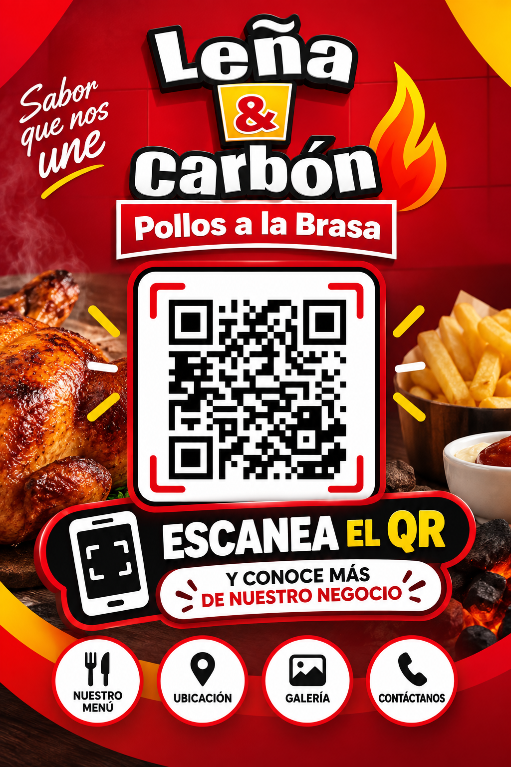 Flyer con QR Leña & Carbón Sabor que nos une